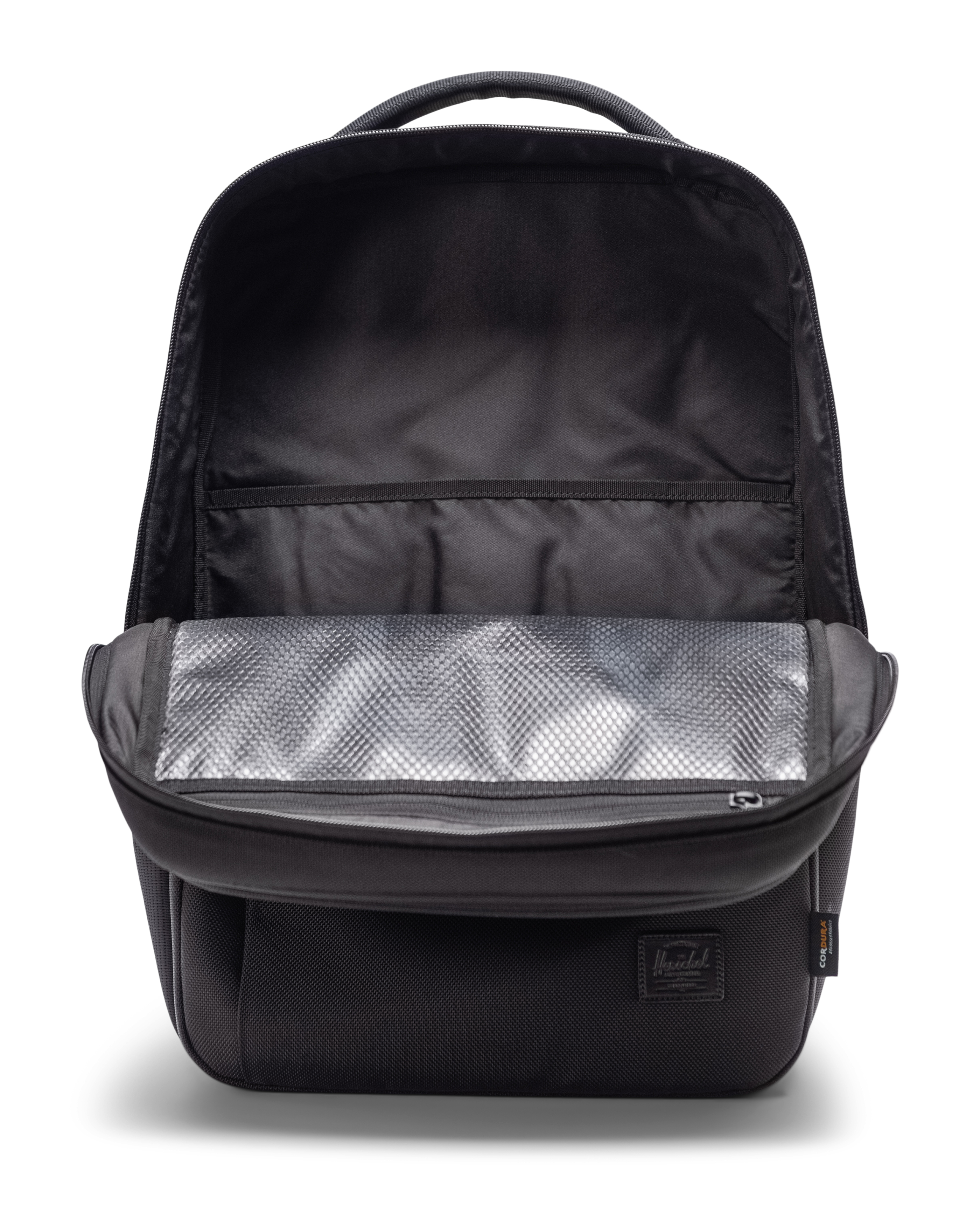 Herschel Kaslo Daypack Tech feature graphic displaying its compact design, 15/16-inch laptop sleeve, and dual mesh water bottle pockets.