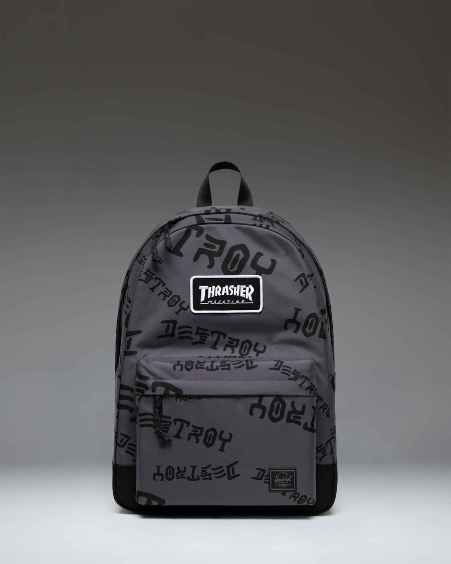 Herschel Supply Co. x Thrasher Classic XL Backpack Nylon in Asphalt/Black Destroy with signature branding and dual water bottle pockets.